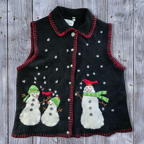 Vintage Coldwater Creek Ugly Christmas Sweater Vest Cardigan Size S Snowmen - Picture 1 of 7